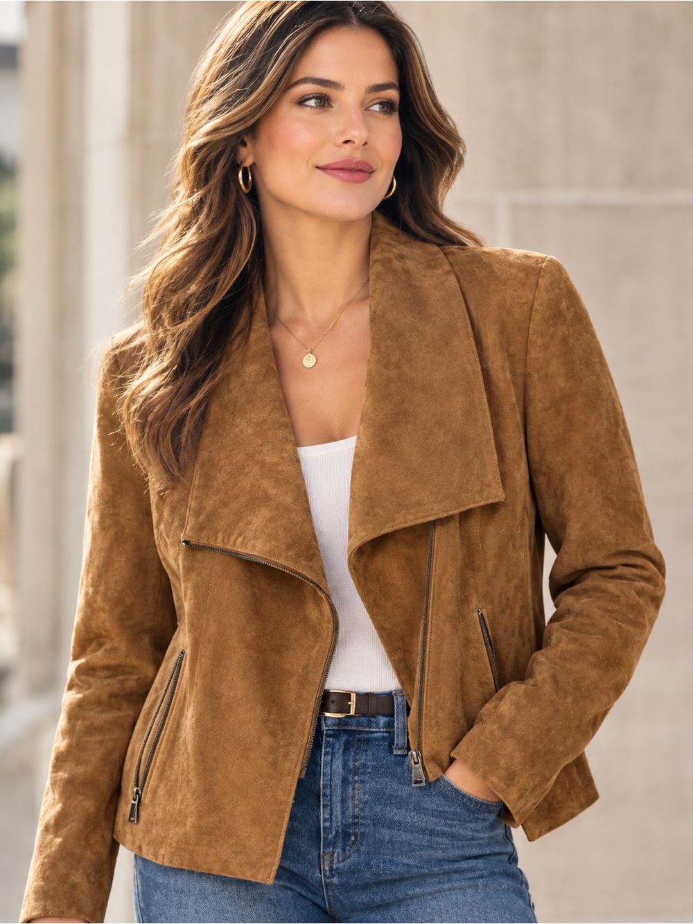 BCBGeneration Faux Suede Asymmetrical Moto Jacket – Camel Brown, Size XL (EUC)